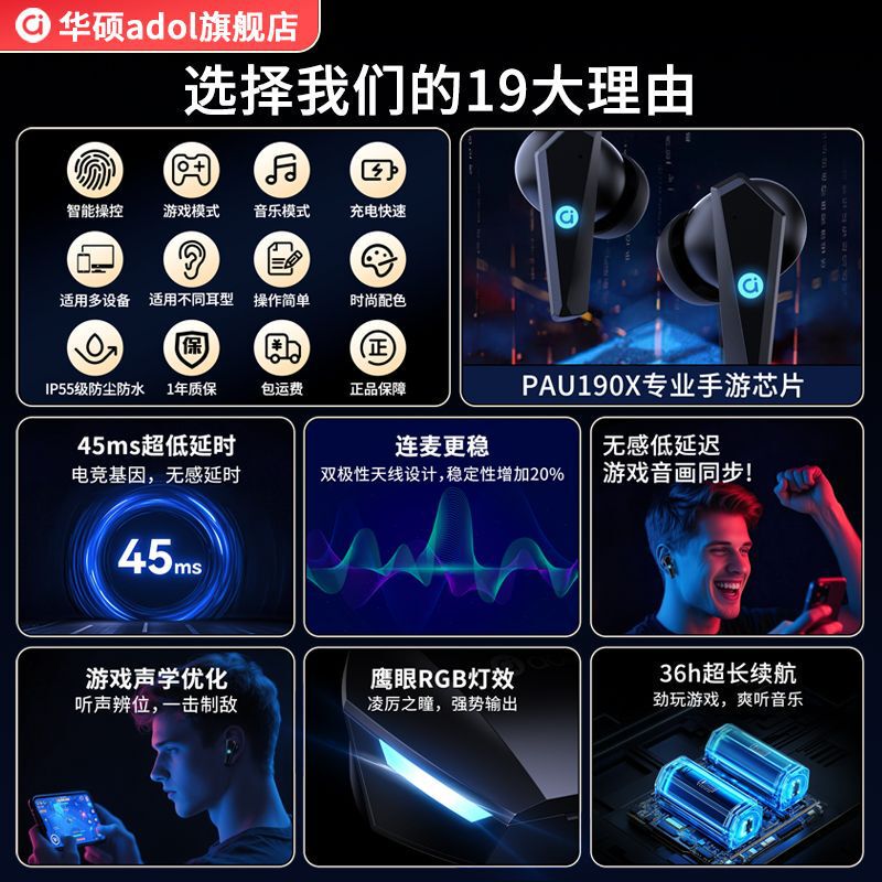 华硕电竞游戏蓝牙耳机2025年新款入耳式高清语音超长续航降噪通话|undefined