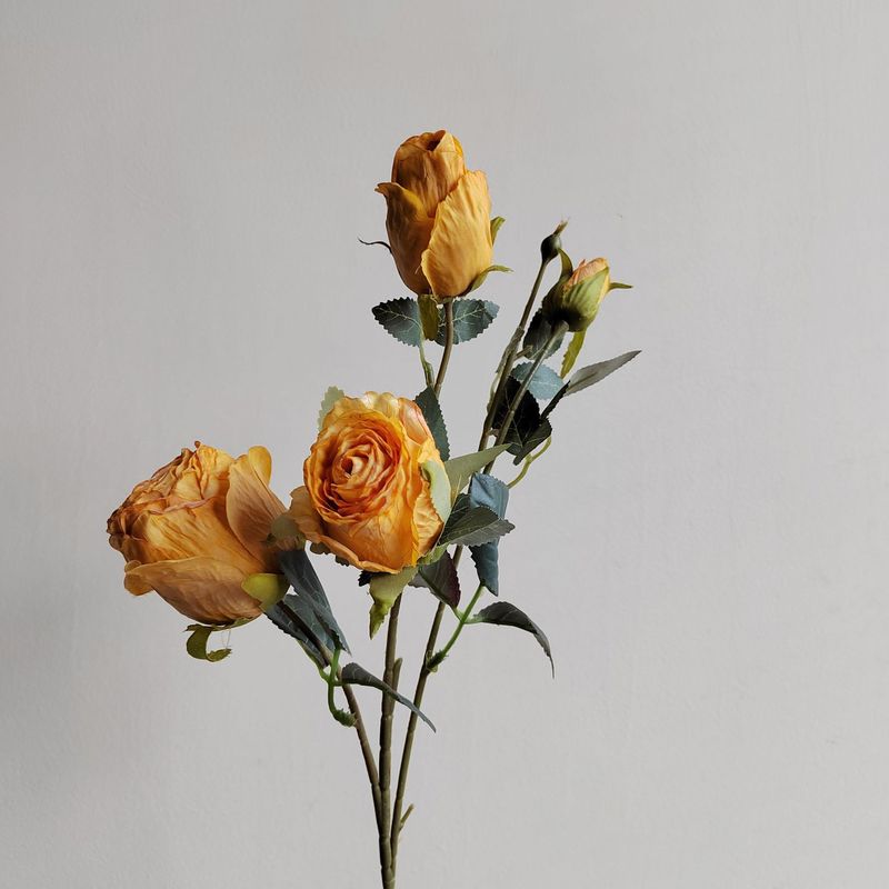 レトロな四頭のフランスのバラの花を焼いて花束の造花の乾いた花を飾って客間の食卓の花の装飾品を飾る|undefined