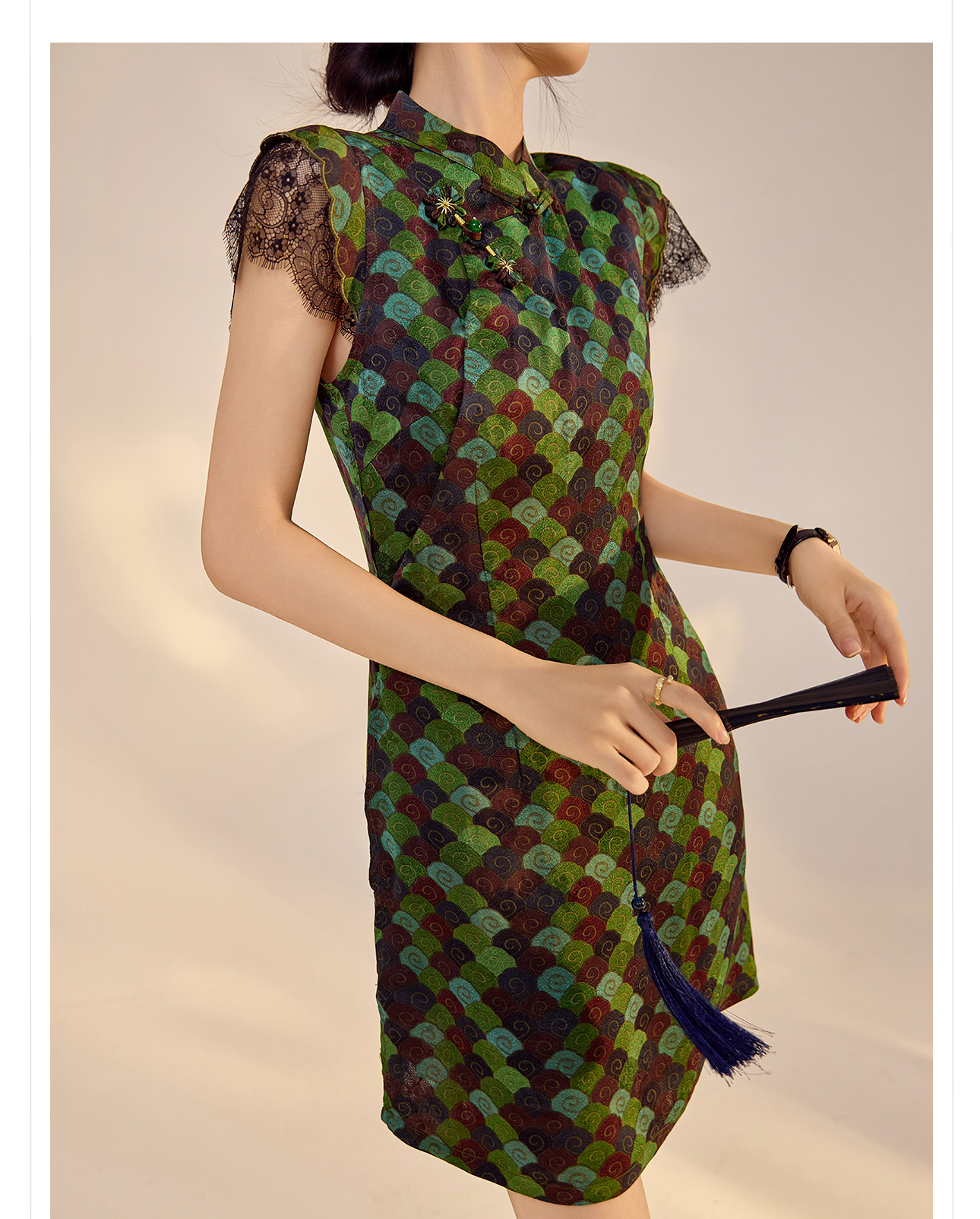 Váy sườn xám cách tân cổ đứng cài cúc kẻ sọc dáng chữ A chất rayon — Màu xanh khoáng chi tiết 2