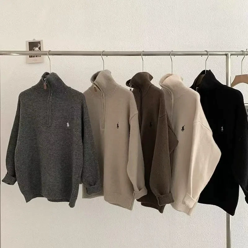 2024 осень и зима корейские пони с вышивкой полузастежкой-молнией с лацканом свитер женский свободный дикий трикотажный топ утолщение
