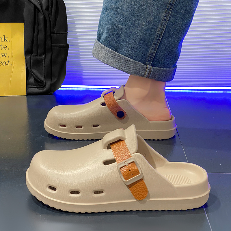 Boken Shoes Baotou Semi-pantuflas verano para hombres nuevo estilo moda europea y americana hebilla de cinturón zapatos perezosos zapatos con agujeros de un pie