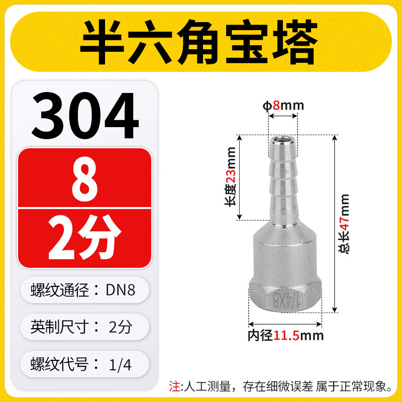 304不锈钢内丝宝塔接头六角皮接内螺纹竹节皮插软管格林头4/6分|undefined