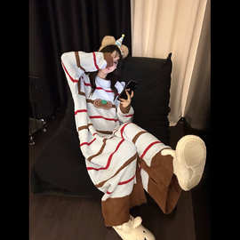 甜美卡通条纹连体半边绒睡衣女冬季新款加厚保暖大码家居服连衣裙