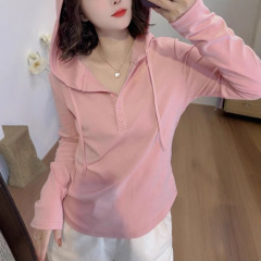 文芸範シンプル徳絨毛連帽長袖tシャツ女子春秋冬大サイズはやせてゆったりしています。