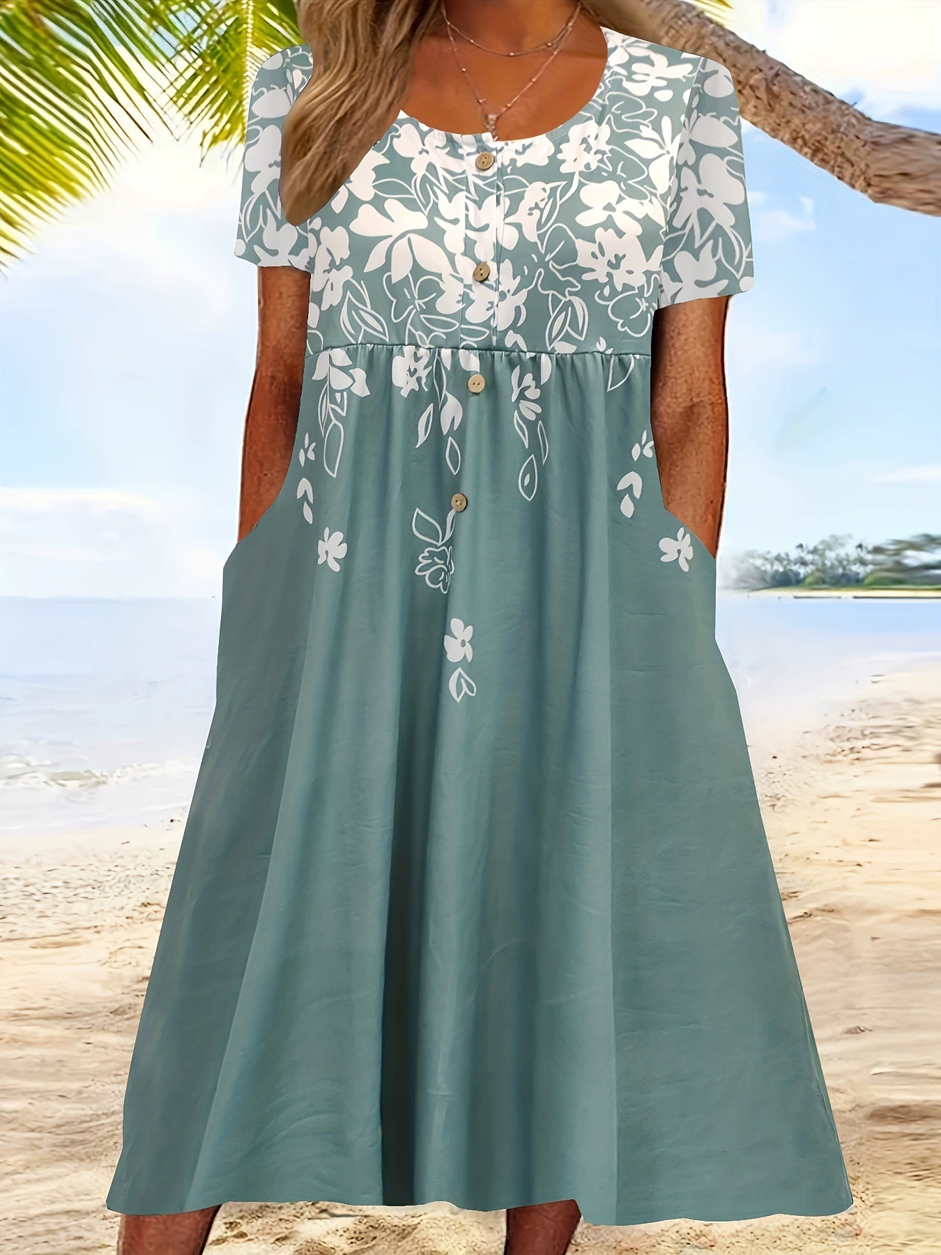 Женское платье миди с цветочным принтом больших размеров с круглым вырезом, короткое