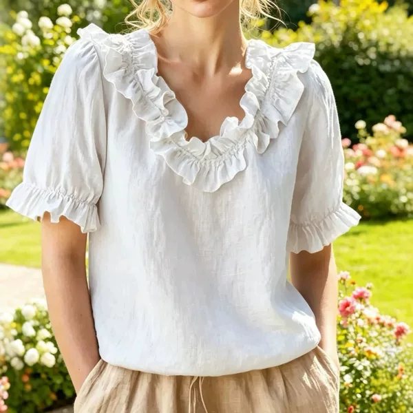 Amazon Independent Site Women's V-Neck Short-Sleeved Ruffled Solid Color Loose Retro Pullover Shirt 2026 Summer
