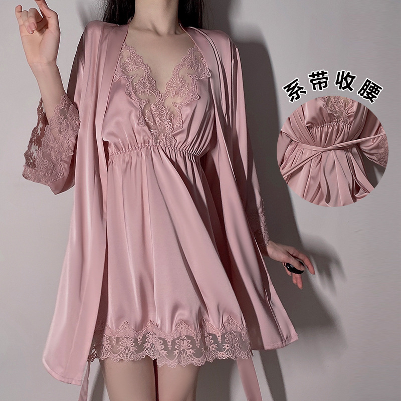 Guiruo Brand Sexy Deep V Long Sleeve Lace Nightgown Satin Lace Slip Skirt Pajamas Women's Home Clothes Set 267