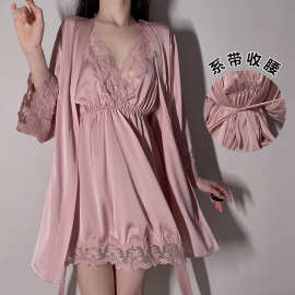 瑰若品牌性感深V长袖系带睡袍缎面蕾丝吊带裙睡衣女家居服套装267