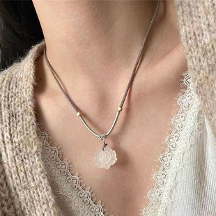 Ice White Chalcedony Lotus Flower Bud Jade Pendant Flower Blossom Pinellia Ternate Jade Lotus Jade Pei Clavicle Necklace for Men and Women
