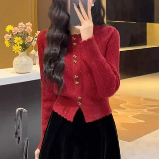 2025年春秋新款小香风蝴蝶金扣毛衣女长袖气质纯色百搭毛衣开衫潮