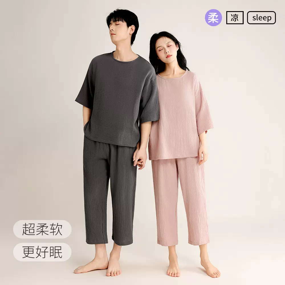 春夏季情侣绉布睡衣七分袖圆领套头简约日系男女士纯棉家居服套装