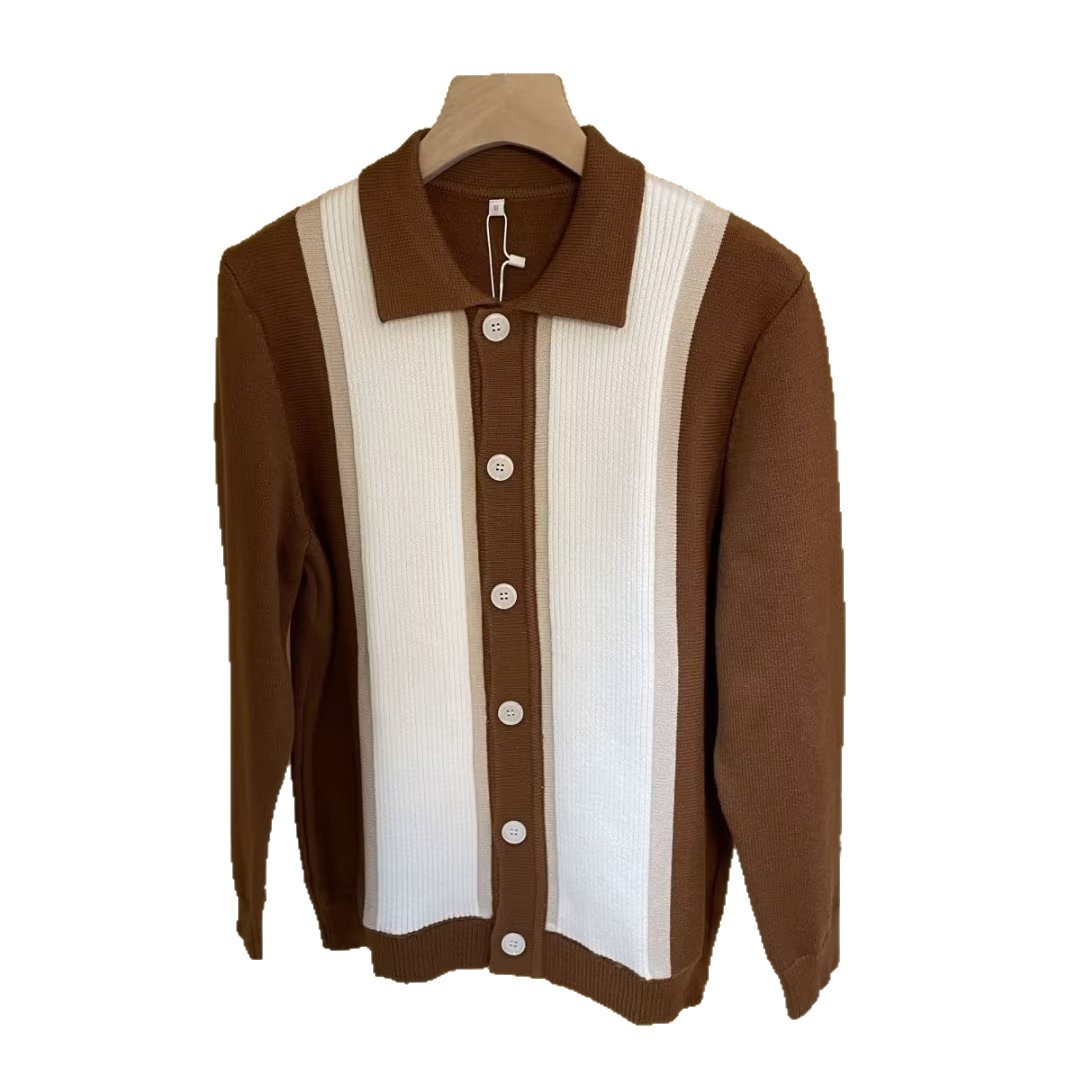 Otoño e invierno nuevo estilo de punto de manga larga para hombres chaqueta de punto a rayas POLO solapa negocios británicos comercio exterior venta al por mayor transfronteriza