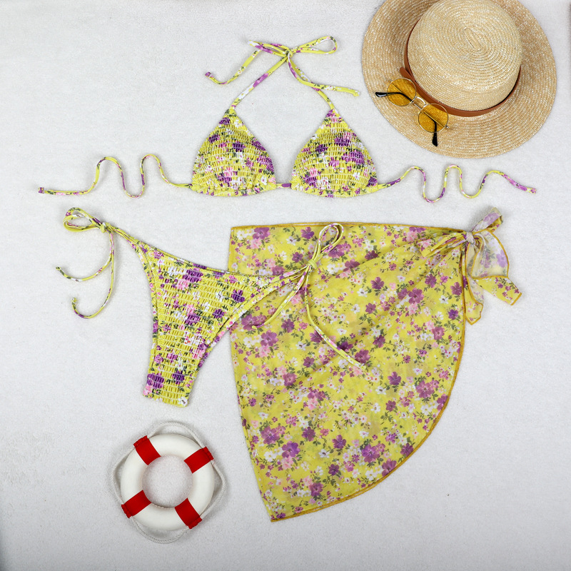 36g Weight Sleeveless Sleeve Length Polyester Fabric Type 3 Pieces Set Quantity Beach, Swimming Occasion Halter Neck Neckline Slim Fit Type Ditsy Floral Pattern Women's Gender Sexy Style Women's Sexy Ditsy Floral 3 Pieces Set Bikinis Swimwear 19
