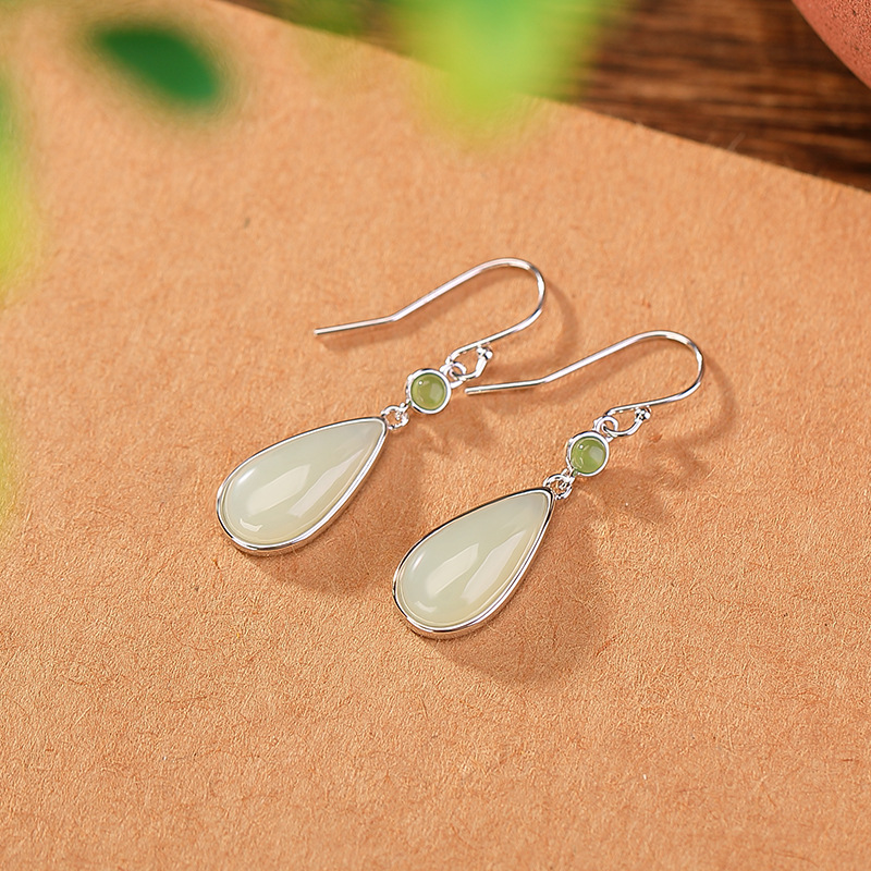 Bông tai móc bạc S925 mạ vàng hình nai, mặt ngọc bích phong cách retro giọt nước chữ Hỷ — Kiểu màu bạc
