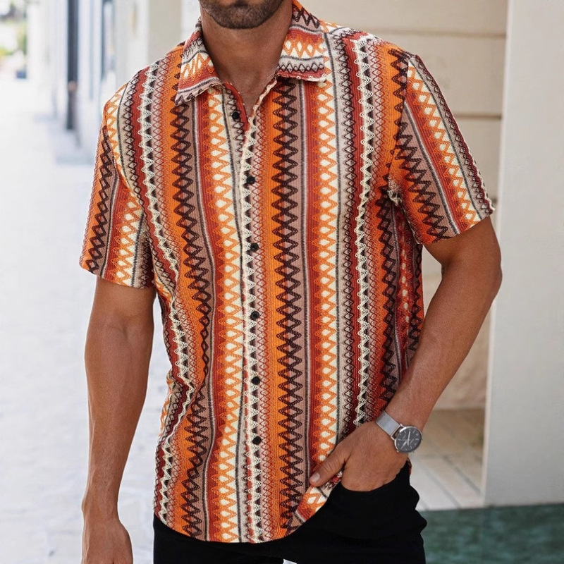 Men's Shirt Cross-Border Ethnic Style Four-Way Elastic Digital Printing Pocketless Thin Daily Casual Short-Sleeved Shirt for Men