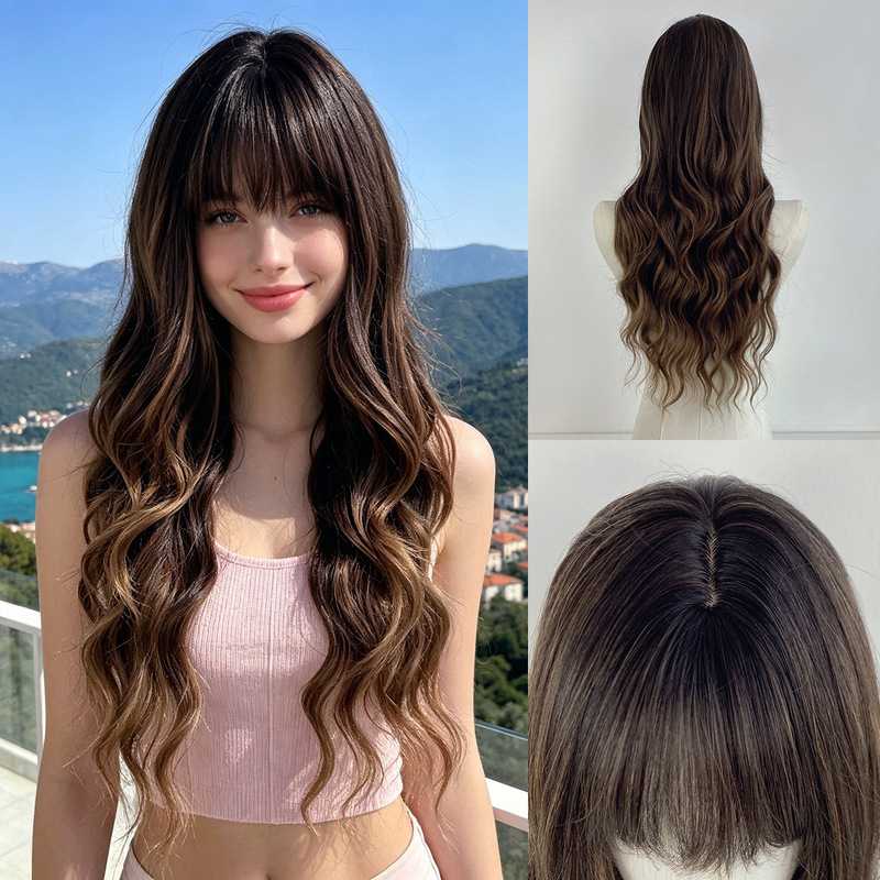 Temu Cross-Border New Product Wig for European and American Women, Brown Gradient with Full Bangs, Large Wavy Long Curly Hair, Synthetic Fiber Full Wig Temu Cross-Border New Product Wig for European and American Women, Brown Gradient with Full Bangs, Large Wavy Long Curly Hair, Synthetic Fiber Full Wig