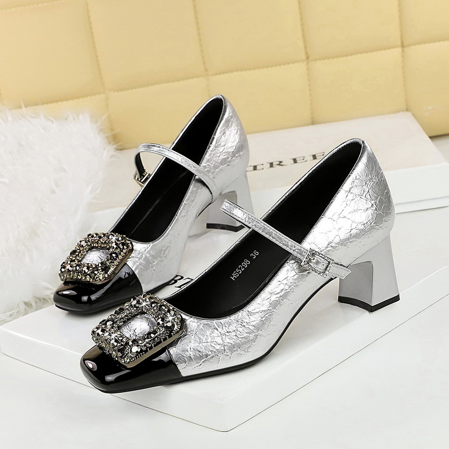 5298-K83 Wind Thick Heel Light Mouth Square Head Color blocked Sparkling Metal Buckle Strap Mary Jane Banquet Single Shoe