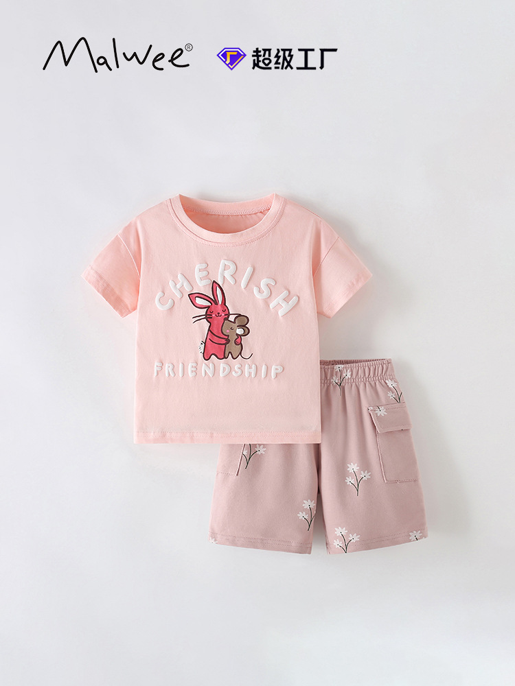 Transfronterizo mlawee vestido de verano de dos piezas para niñas nuevas camisetas europeas y americanas para niños pequeños y medianos pantalones de manga corta traje para niños