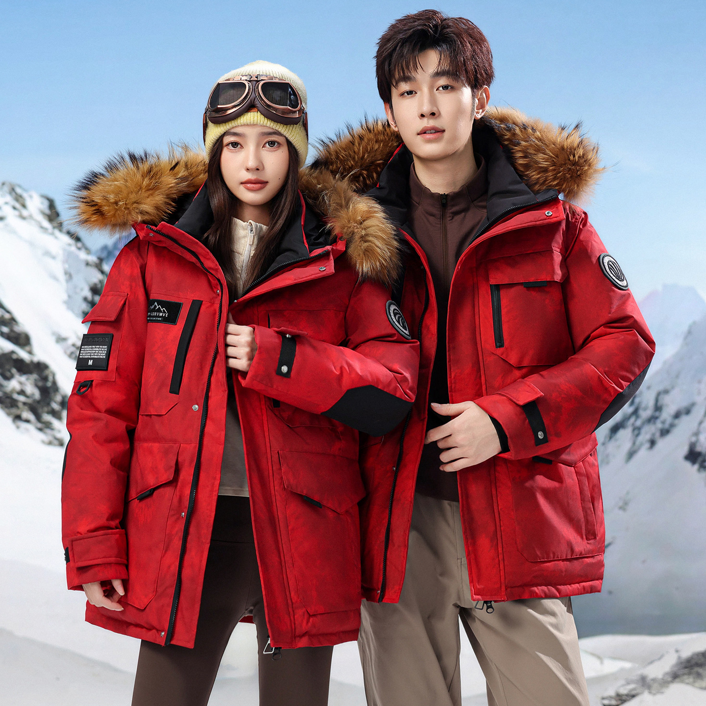 爆款羽绒服男女中长款情侣户外工装大毛领加厚东北极寒外套中国红