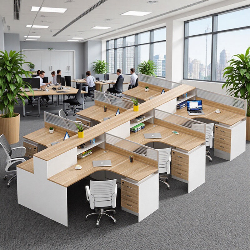 Simple Modern Office Desk with Partition, L-Shaped Workstation, Staff Desk for 4 or 6 People, Office Furniture Table and Chair Set