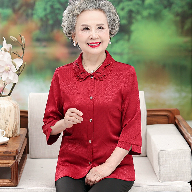 Новая весенне-летняя рубашка с лацканами, одежда для пожилой матери с семью точками, свободная рубашка больших размеров 60-летней бабушки