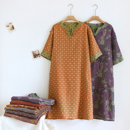 Short-sleeved V-neck skirt retro double-sided dyed woven girl summer national style dyed woven skirt mid-length home skirt 100% cotton can be worn outside