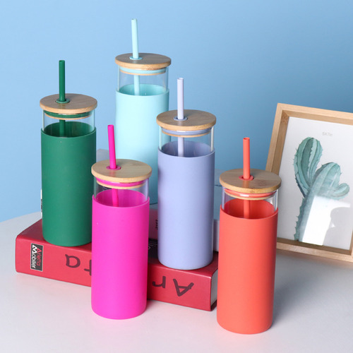 New Creative Water Cup Macaron Color Straw Cup Student Outdoor Water Cup Silicone Sleeve Insulated Glass Cup