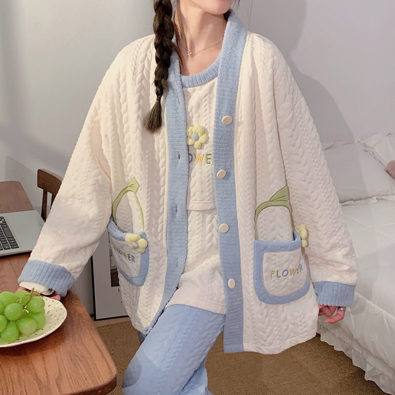 老舗ブランドの秋冬エアコットン中綿入り産後服3点セット、妊婦用授乳パジャマ、授乳服2点セット、トレンド|undefined