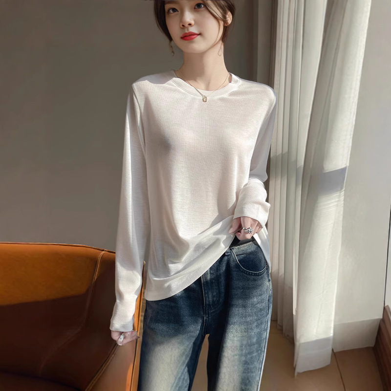 Spring and Summer New Round Neck Lyocell Tencel Sweater Women's Micro-transparent Thin Long-sleeved Loose All-match Base Shirt