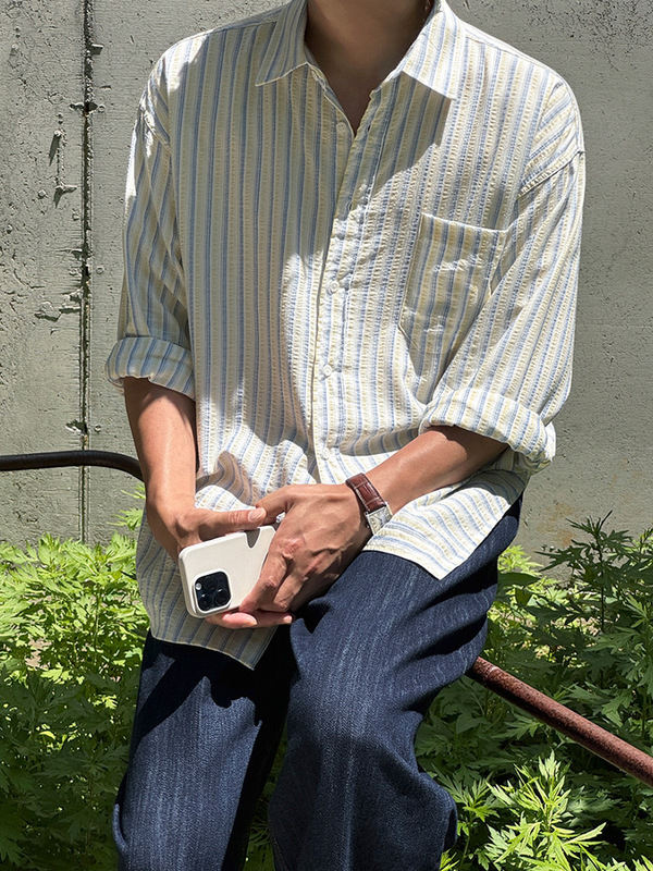 MYQ日系条纹长袖衬衫男士秋季宽松休闲衬衣韩系通勤老钱风穿搭|undefined