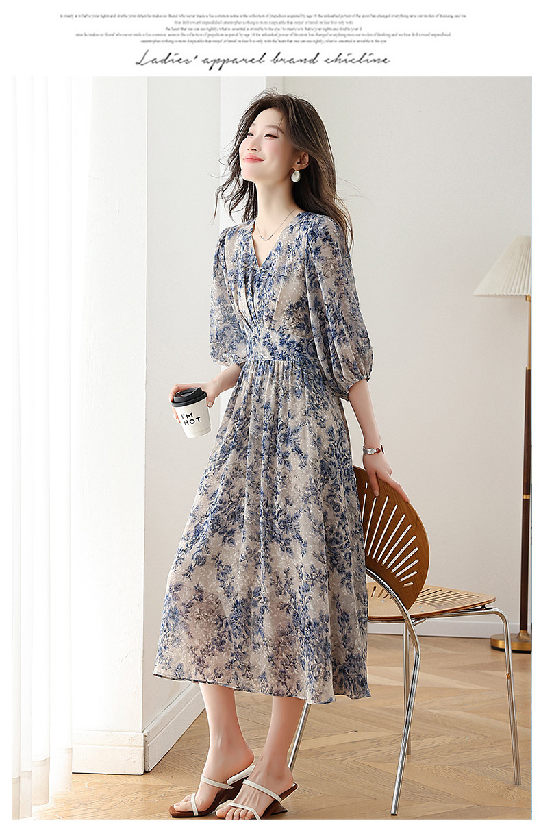 Đầm maxi nữ thắt eo họa tiết hoa nhí xòe lớn dáng suông — màu sắc, xanh lam chi tiết 14