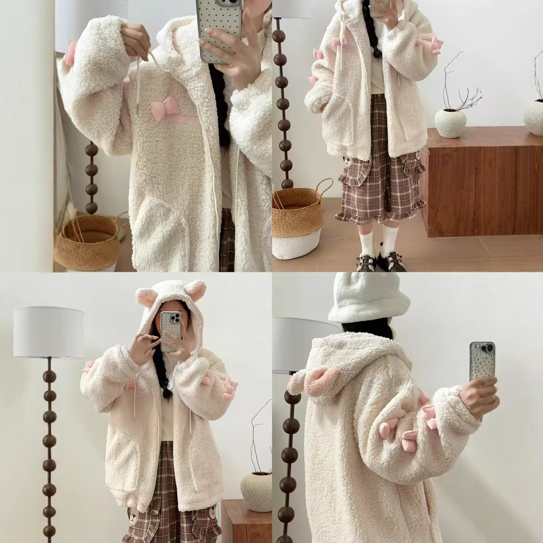 (2개) 봉제 활 귀 후드 양가죽 코트 여성용 겨울 트렌디 브랜드 캐주얼 커플 따뜻한 면화 패딩 코트