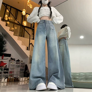 浅蓝色双扣阔腿牛仔裤女款夏季大码宽松直筒高腰垂感显瘦拖地裤子