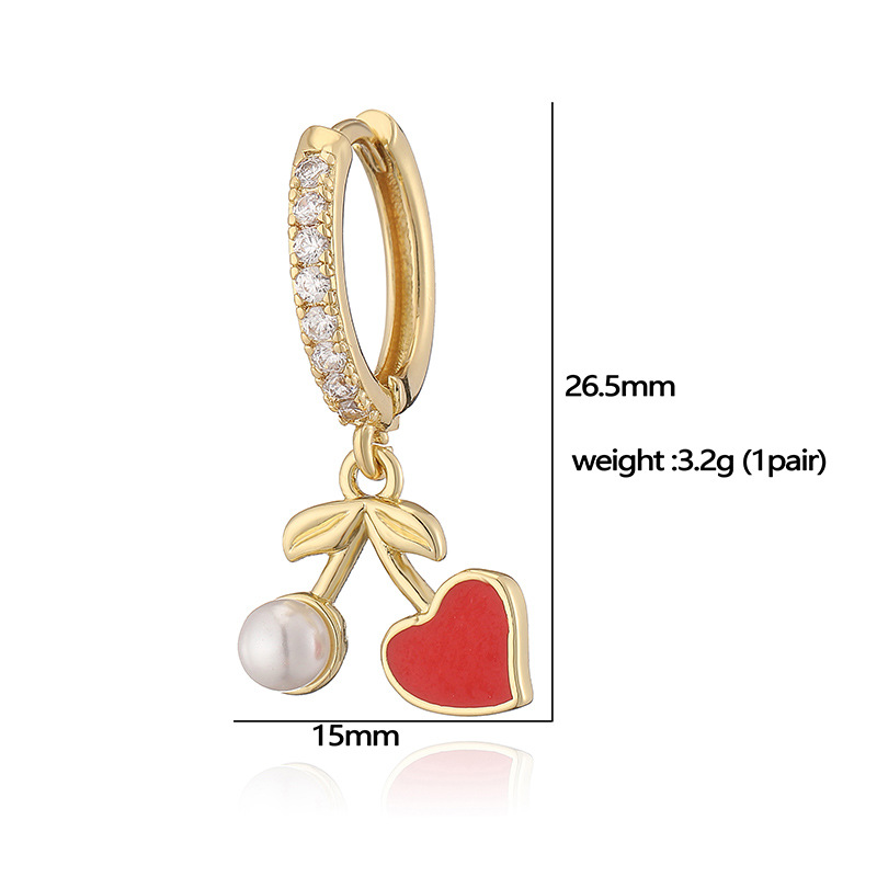 6g Weight Copper Ear Needle Material Zircon Inlay Material Charm Sleeper Hoop Earrings, Earrings Classification 1 Pair Quantity Holiday, Banquet, Daily Occasion Copper Material Cherry, Heart Shape Pattern Women's Gender Inlay Design Sweet Style 1 Pair Sweet Cherry Heart Shape Inlay Copper Zircon Earrings 12