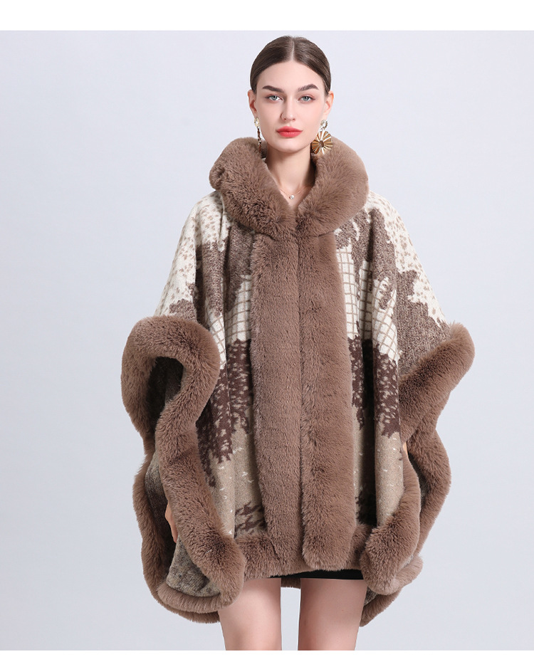 Jacquard Fransen Kapuzenumhang Cape locker gestrickte Strickjacke Übergröße Wollmantel_voghion.com