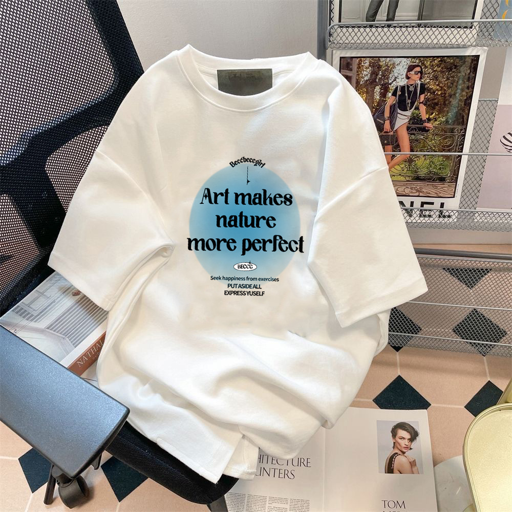 Camiseta de manga corta con cuello redondo y estampado INS, camiseta blanca informal versátil y moderna unisex, conjunto para parejas, informal y versátil.