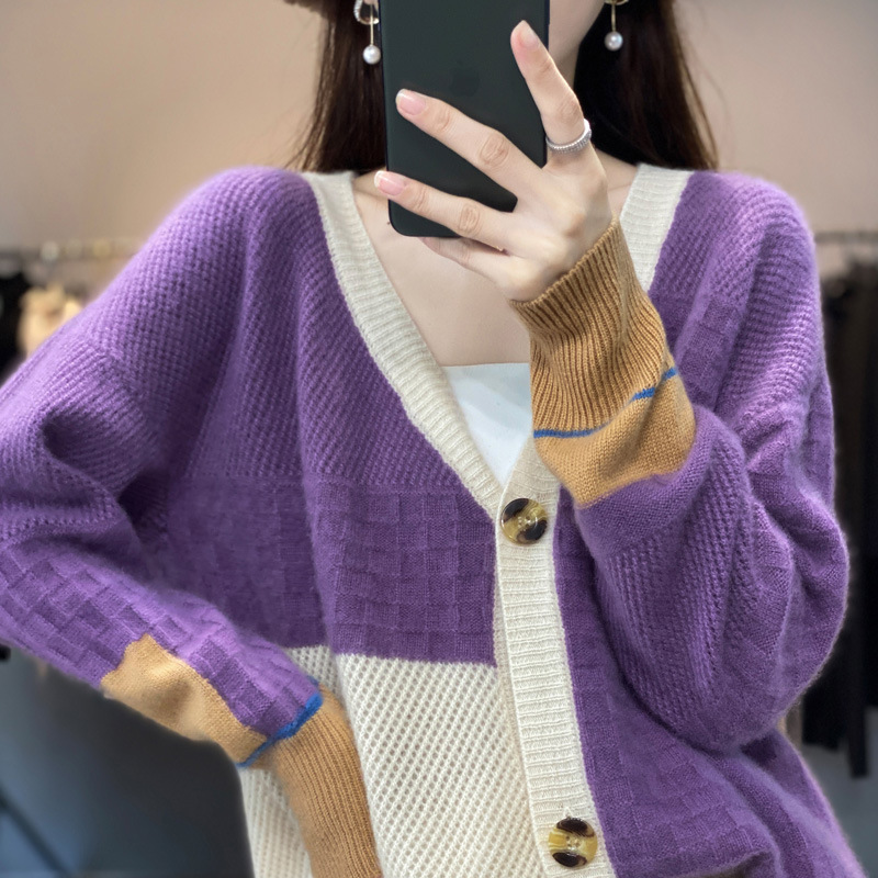 秋冬新款韩版拼色方格V字领外套宽松休闲通勤全羊毛女士针织开衫