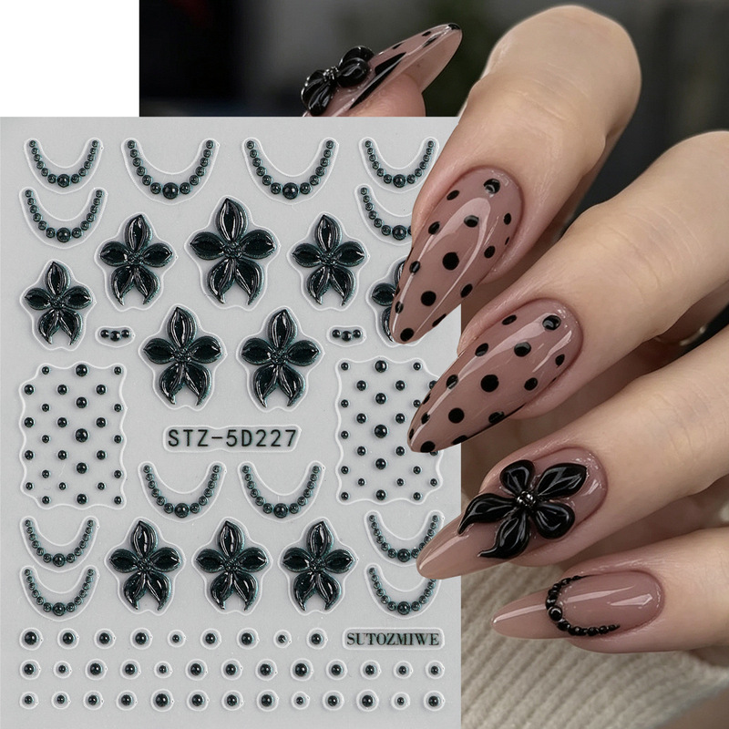 New cross-border nail art stickers, embossed 5D three-dimensional sweet and cool gothic black floral polka dot bead adhesive nail stickers