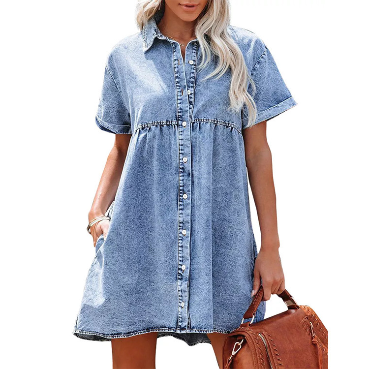 2023 Cross-Border Export Aliexpress European and American Washed Denim Lapel Loose Sweet Ruffle Dress Short Skirt New