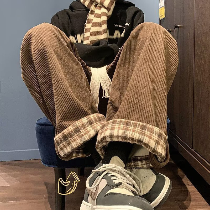 Corduroy curling pants men's autumn trendy design casual pants men's Brown trendy brand wide leg straight trousers