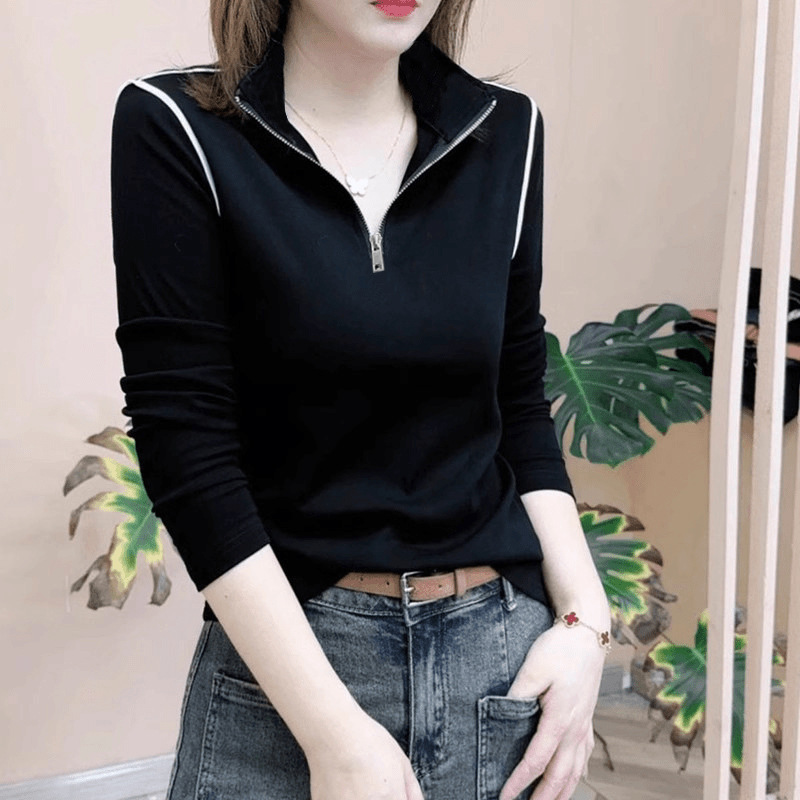 2025 Spring and Autumn New Double-Sided Velvet Half-Zip Bottoming Shirt Long-Sleeved T-Shirt Slimming Polo Collar Top for Women 2025 Spring and Autumn New Double-Sided Velvet Half-Zip Bottoming Shirt Long-Sleeved T-Shirt Slimming Polo Collar Top for Women