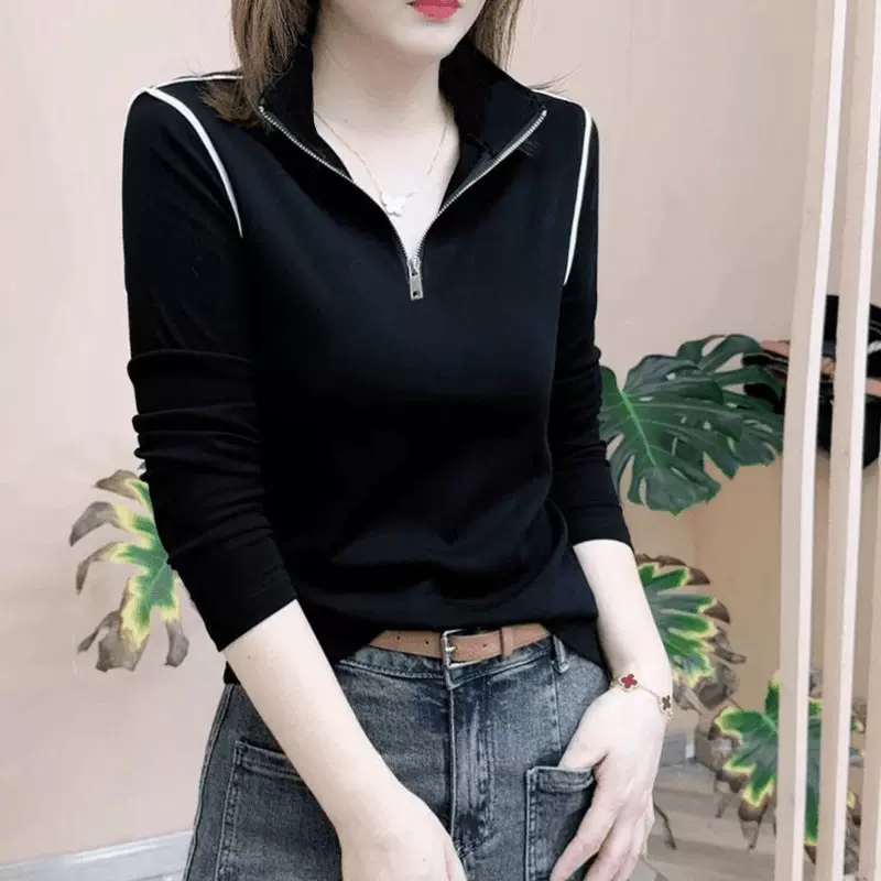 2025春秋新款双面德绒半拉链打底衫长袖T恤显瘦POLO领上衣外穿女