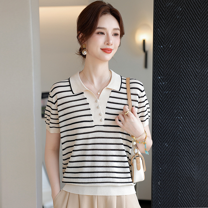 Fashionable Mom Summer New Ice Silk Short Sleeve T-Shirt 2025 New Middle-Aged Women's Turn-Down Collar Thin Striped Top