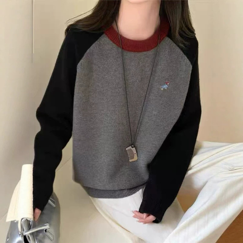 New autumn and winter embroidered color-blocked raglan sleeve casual basic knit sweater for both men and women