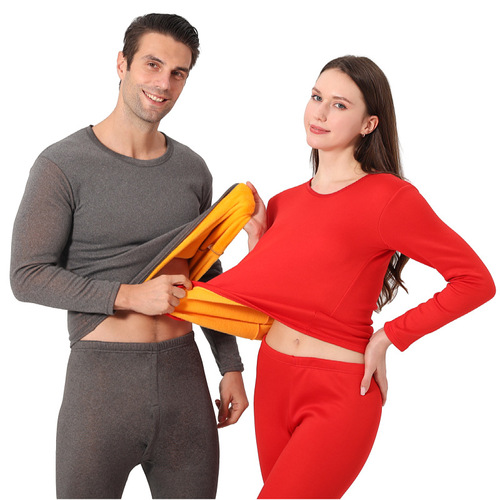 Gold Velvet Thermal Suit for Men: Crew-Neck Fleece-Lined, Thickened Autumn Top & Pants—Plus-Size Couples' Underwear Available for Wholesale