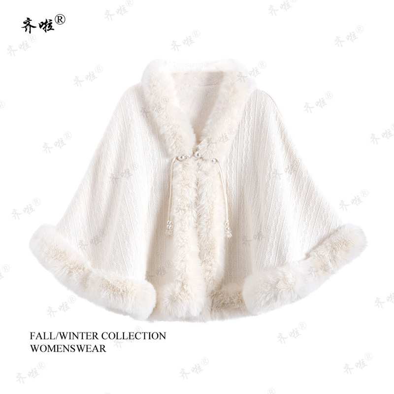 New Chinese style beige fur coat cheongsam bridal wedding dress bright beads solid color knitted fleece-lined shawl all-match women's Cape