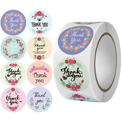 Round Roll-Formed Export-Grade Non-Dry Adhesive Labels: Floral Decorative "Thank You" Stickers for Festive & Wedding Gift Packaging and Sealing