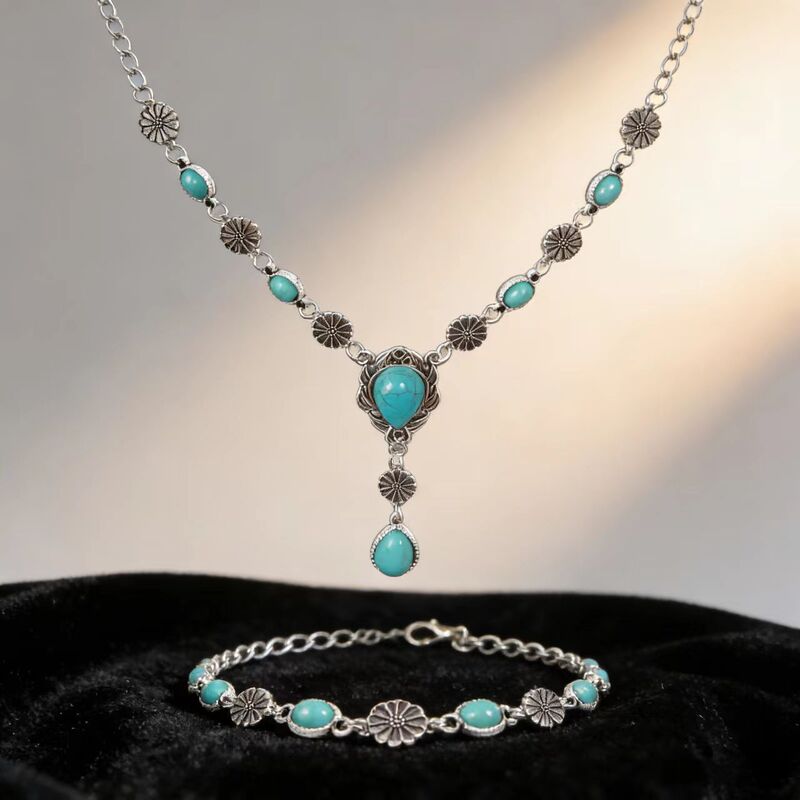 Cross-Border Necklace Set Retro Bohemian Inlaid Imitation Turquoise Necklace Daily Gift Party Jewelry Set