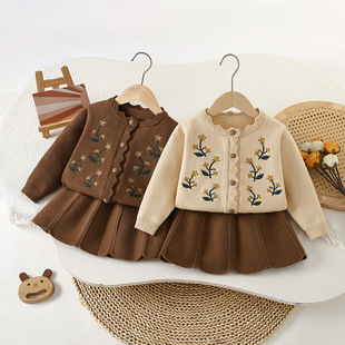 Cross-Border Children's Embroidered Sweater Skirt Autumn and Winter Girls' Round Neck Knitted Two-Piece Set Korean Style New Embroidered Sweater