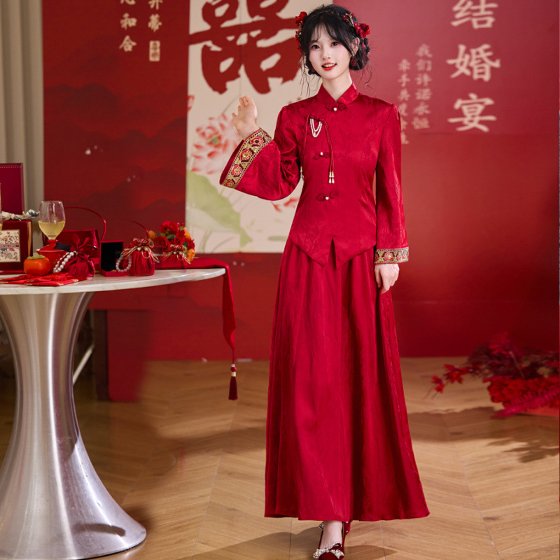 实拍新中式高端提花重工钉珠盘扣上衣淑女半身裙新娘喜庆套装